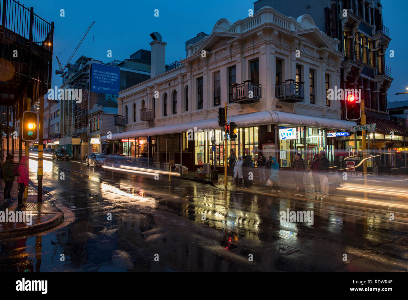 Street scene at dusk on Cuba Street in downtown Wellington on the North Island of New Zealand. Stock Photo