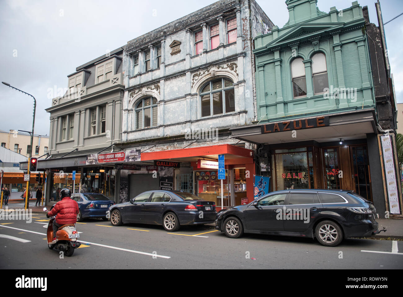 Street scene on Cuba Street in downtown Wellington on the North Island of New Zealand. Stock Photo