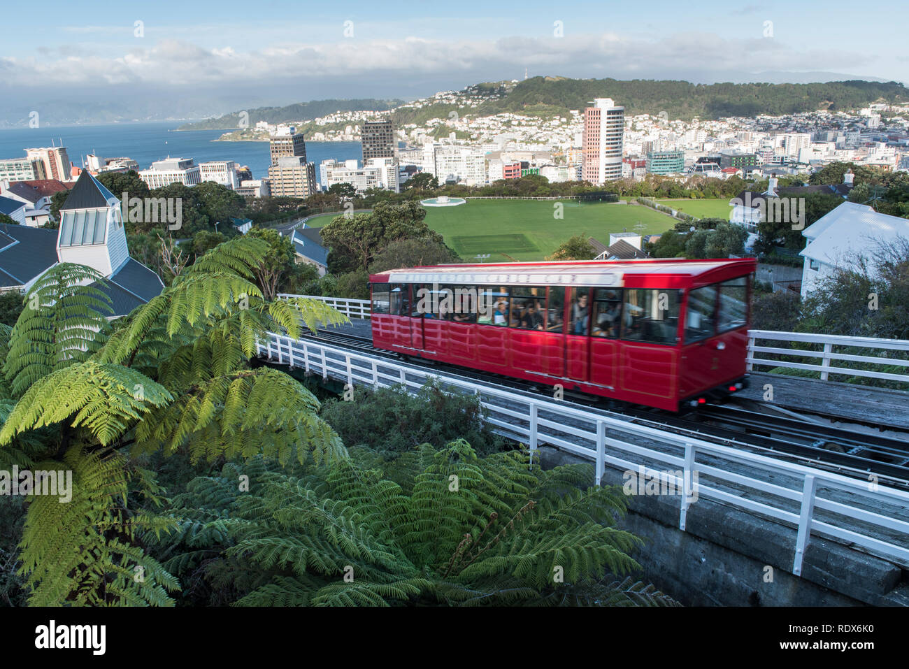 The Wellington Cable Car is a funicular railway which connects Lambton Quay to the Wellington Botanic Garden in Kelburn. Stock Photo