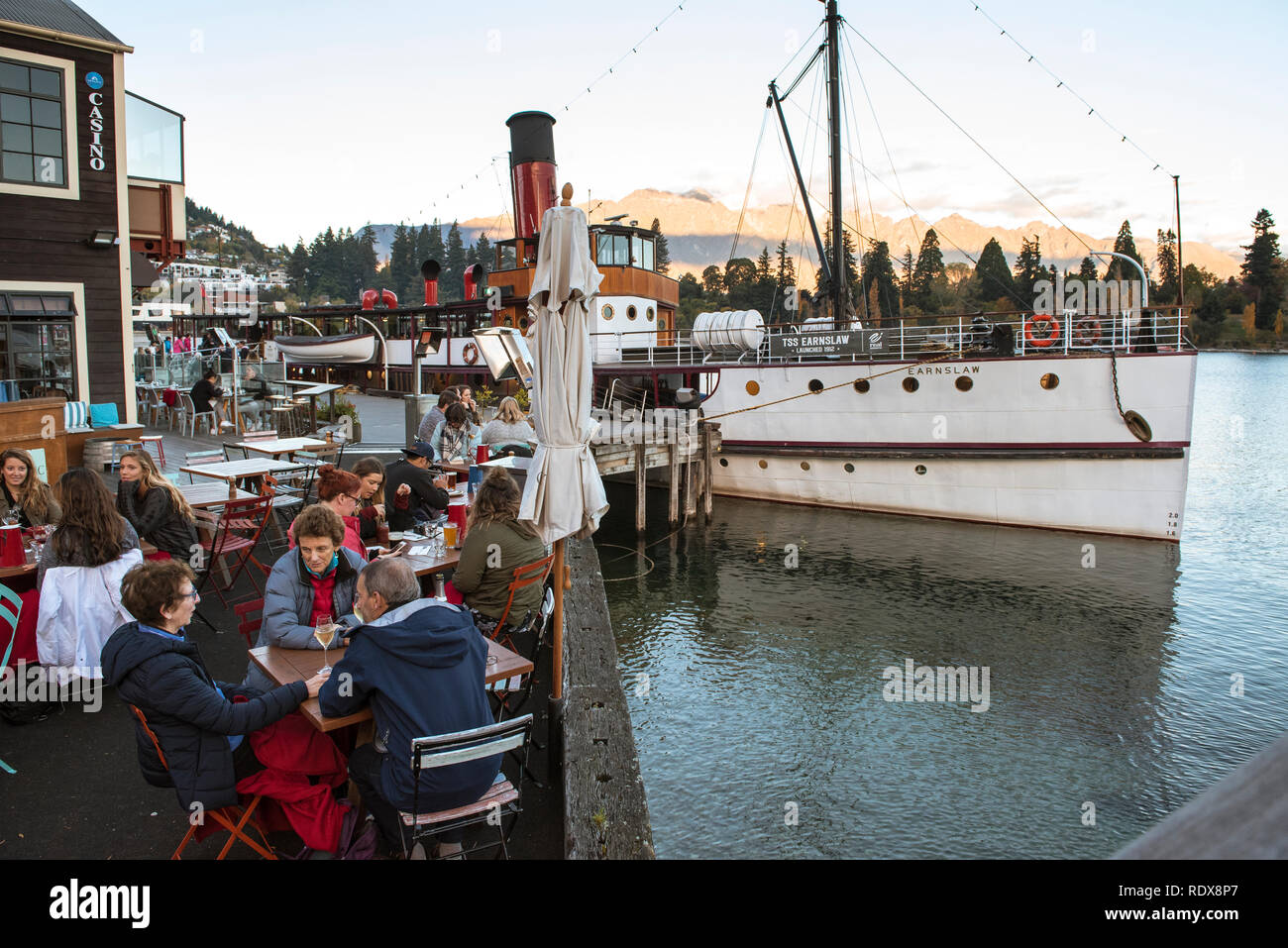 Scene along the waterfront of Lake Wakatipu in Queenstown on the South ...