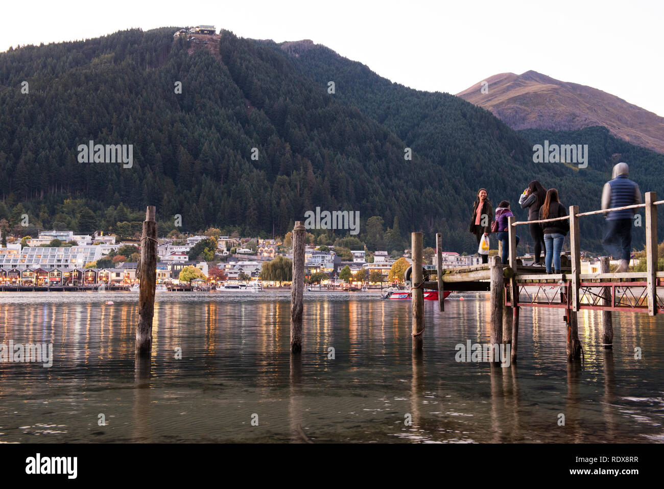 Scene along the waterfront of Lake Wakatipu in Queenstown on the South ...