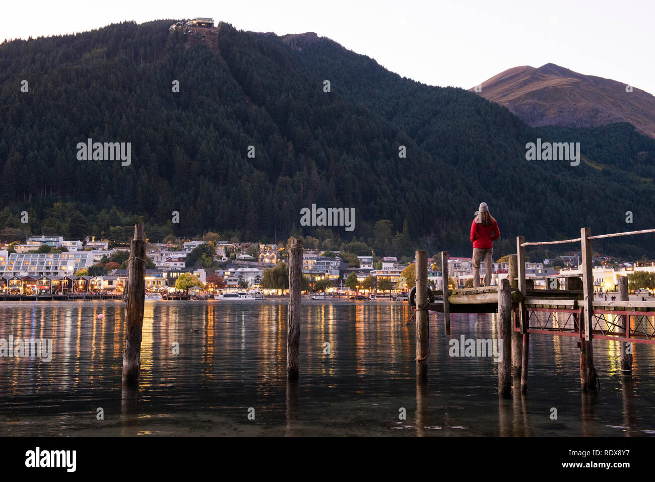 Scene along the waterfront of Lake Wakatipu in Queenstown on the South ...