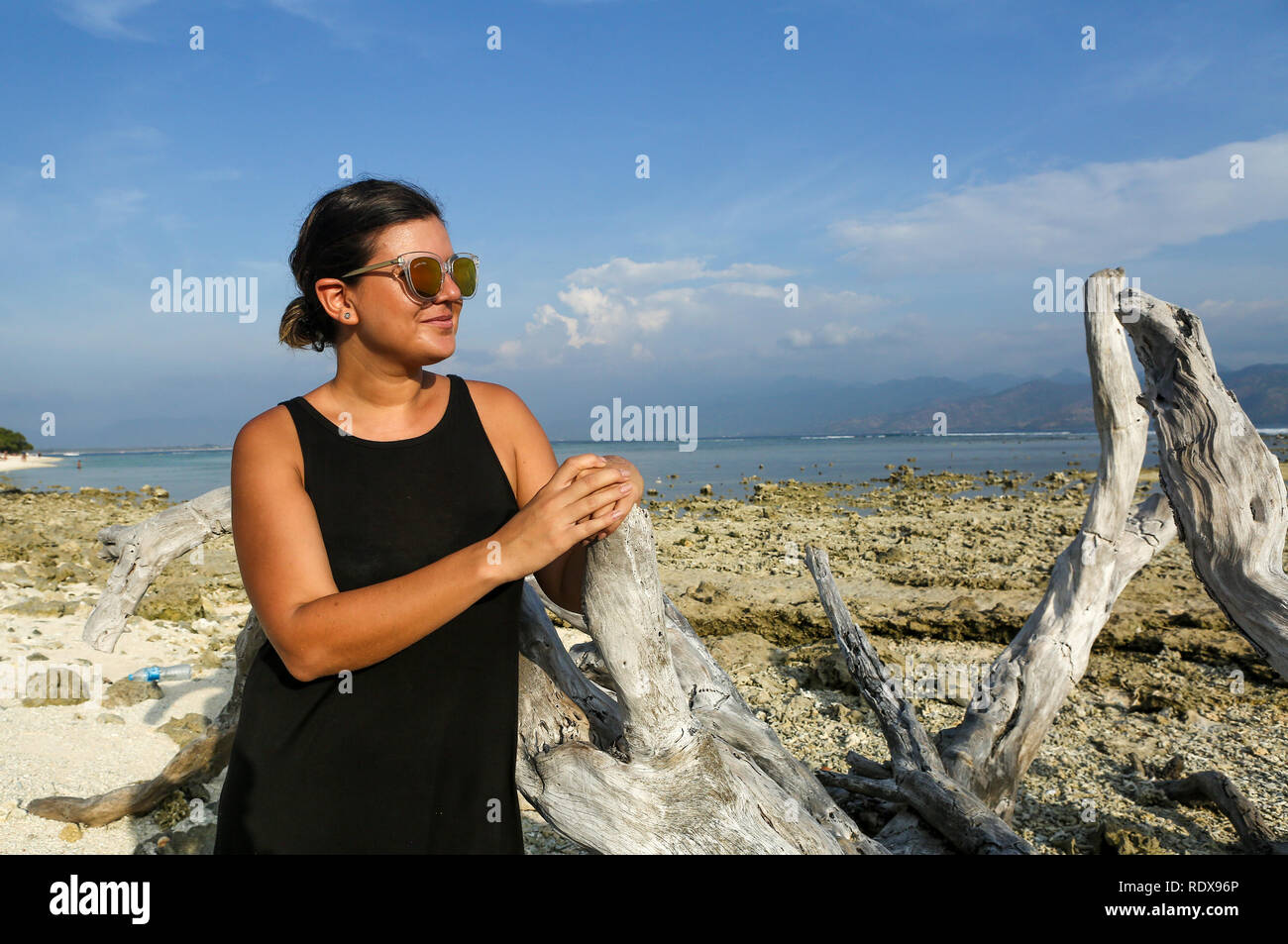 Young Woman posing on the tree on the sandy beach Stock Photo