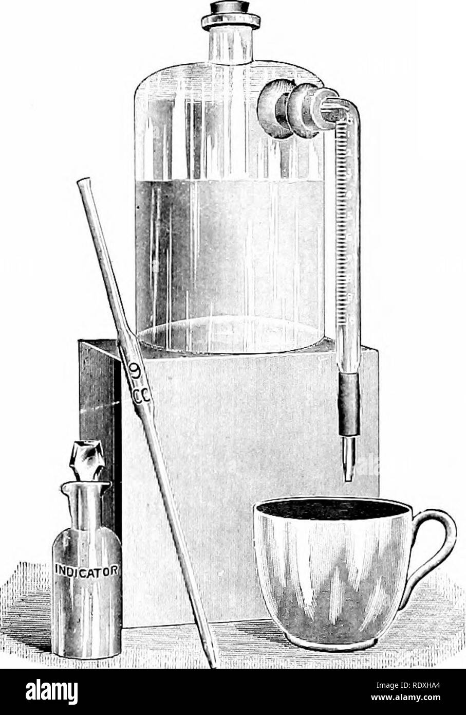 . Cheese making; cheddar, swiss, brick, limburger, Edam, cottage, etc.. Cheese. Fig. 28.—The Manns' acidimeter or acid test. Fig. 29.—The Marschall acid test. The apparatus consists of a 50 c. c. burette, a solution of phe- nolphtalein, a Babcock pipette, and a tenth-normal alkali solu- tion. &quot;When a pipette of milk or whey is used 1 c. c. of the alkali used is equal to .05 per cent of lactic acid. The Farrington tablet solution* may be substituted for the alkali solution. Use 19.5 c. c. of water for each tablet. Each c. c. of the solution used will be equal to .01 per cent of lactic acid Stock Photo
