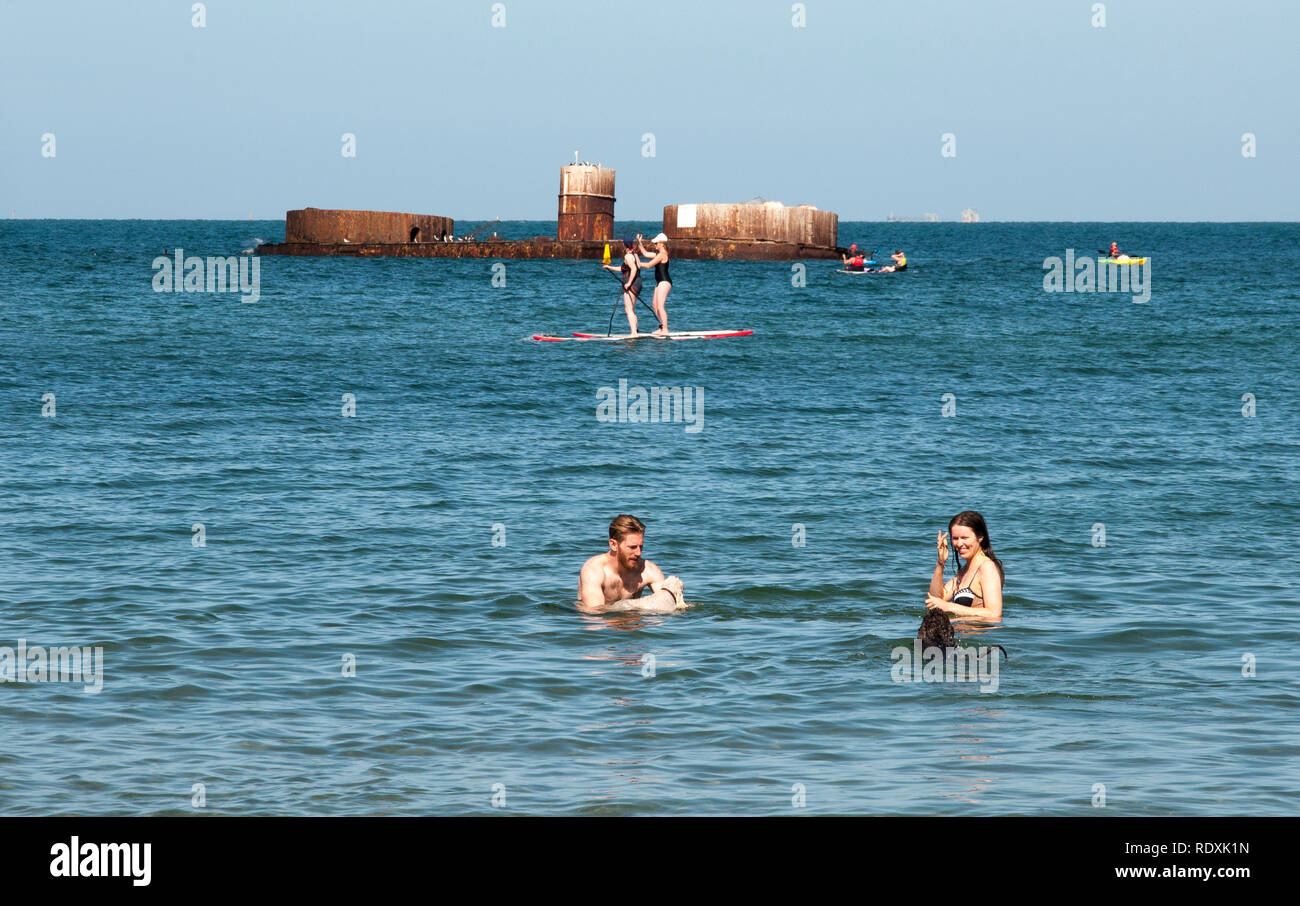 People swimming off the historic wreck of HMVS Cerberus at Half Moon Bay on Port Phillip Bay, Melbourne, Australia Stock Photo