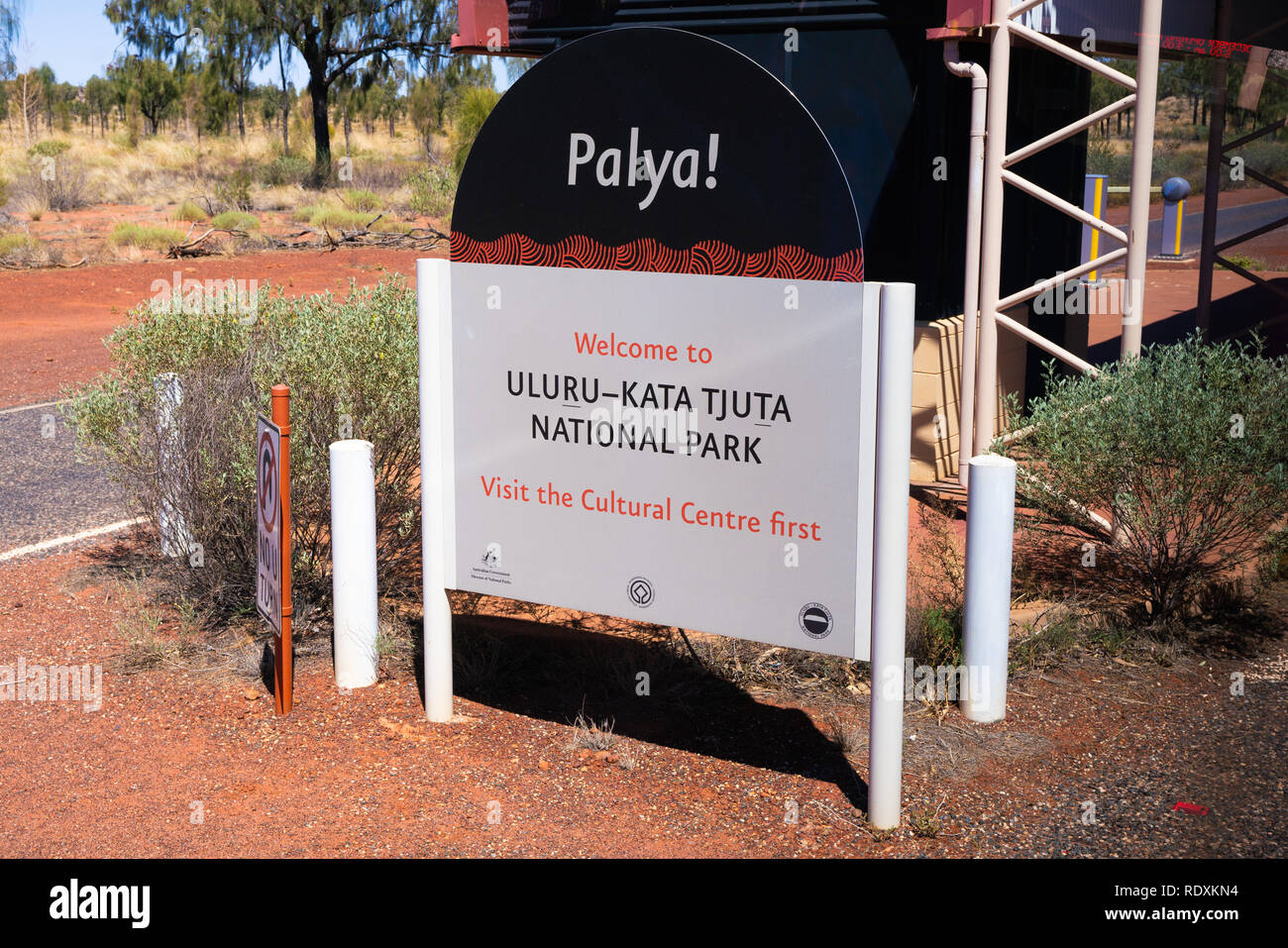 Entry Sign of Uluru Kata Tjuta national park in NT Australia Stock Photo