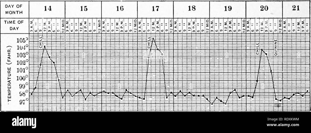 . Protozoo?logy. Protozoa; Protozoa, Pathogenic. Temperature variations in tertian malarial fever. Fig. no. Temperature variations ia quartan malarial fever. proboscis in his own red blood corpuscles. Malaria was thus the first of the human diseases in which it was proved that a protozoon is the direct cause. Authorities differ as to the number of kinds of these protozoan para- sites responsible for malaria. On the clinical side, also, there seems to be some difficulty in the classification of the fevers due to the dif- ferent kinds of parasites. Grassi and Laveran have reduced the large numbe Stock Photo