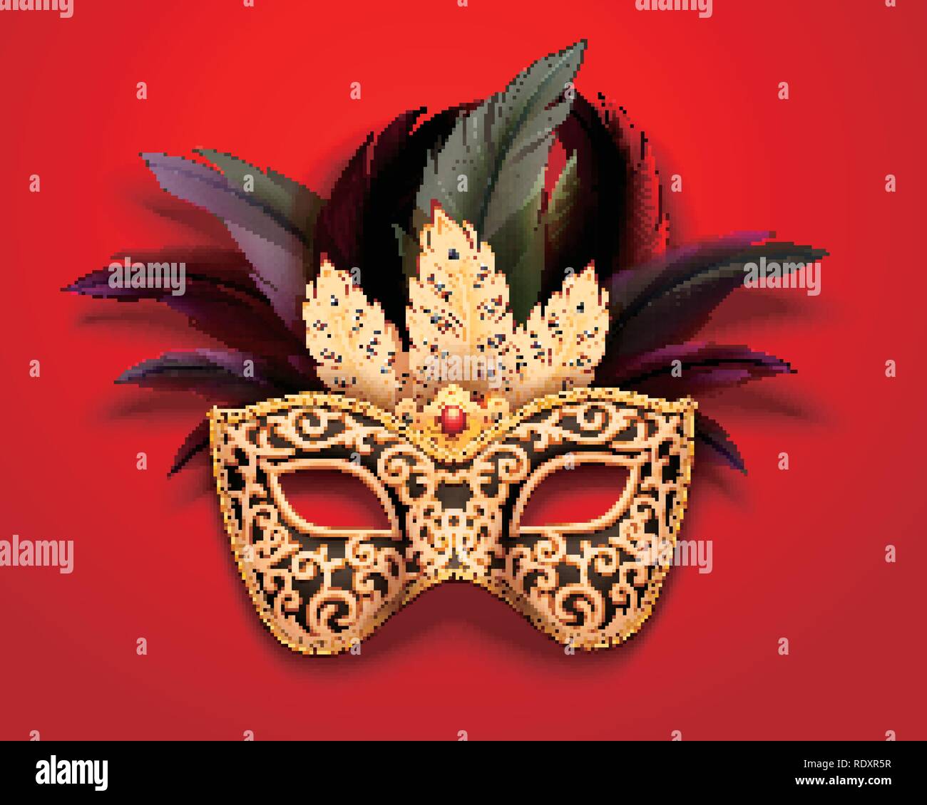Black carnival mask with feathers decorations on red background, 3d illustration Stock Vector