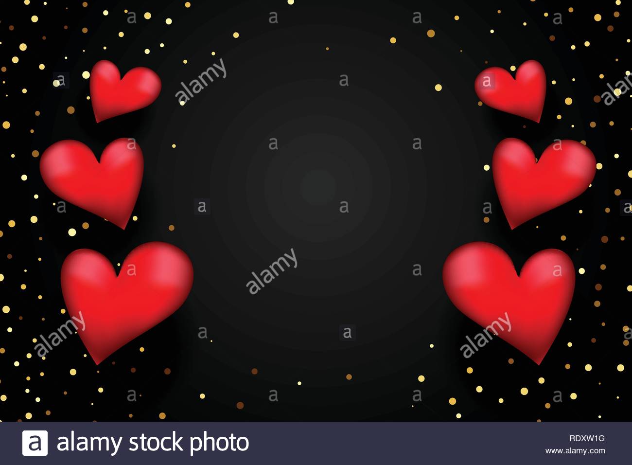 Red 3d Hearts With Golden Confetti On Black Background With Text