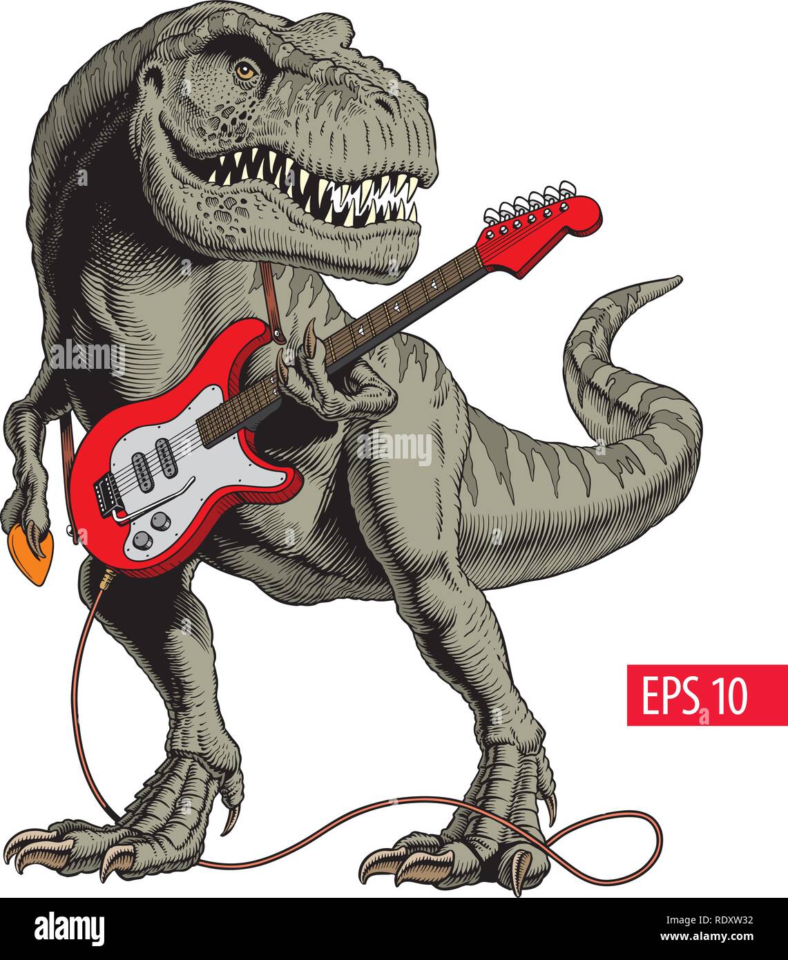 Dinosaur playing electric guitar. Tyrannosaurus or T. rex. Vector illustration. Stock Vector