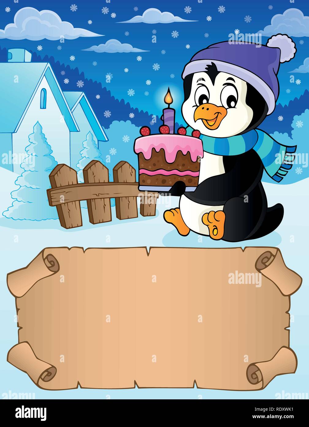 Small parchment and penguin with cake - eps10 vector illustration. Stock Vector
