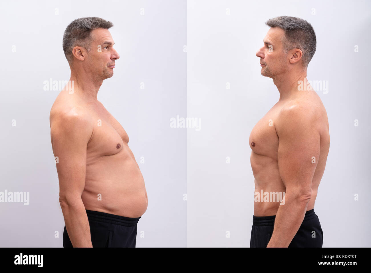 Side View Of A Mature Man Before And After Loosing Fat On White Background. Body shape was altered during retouching Stock Photo