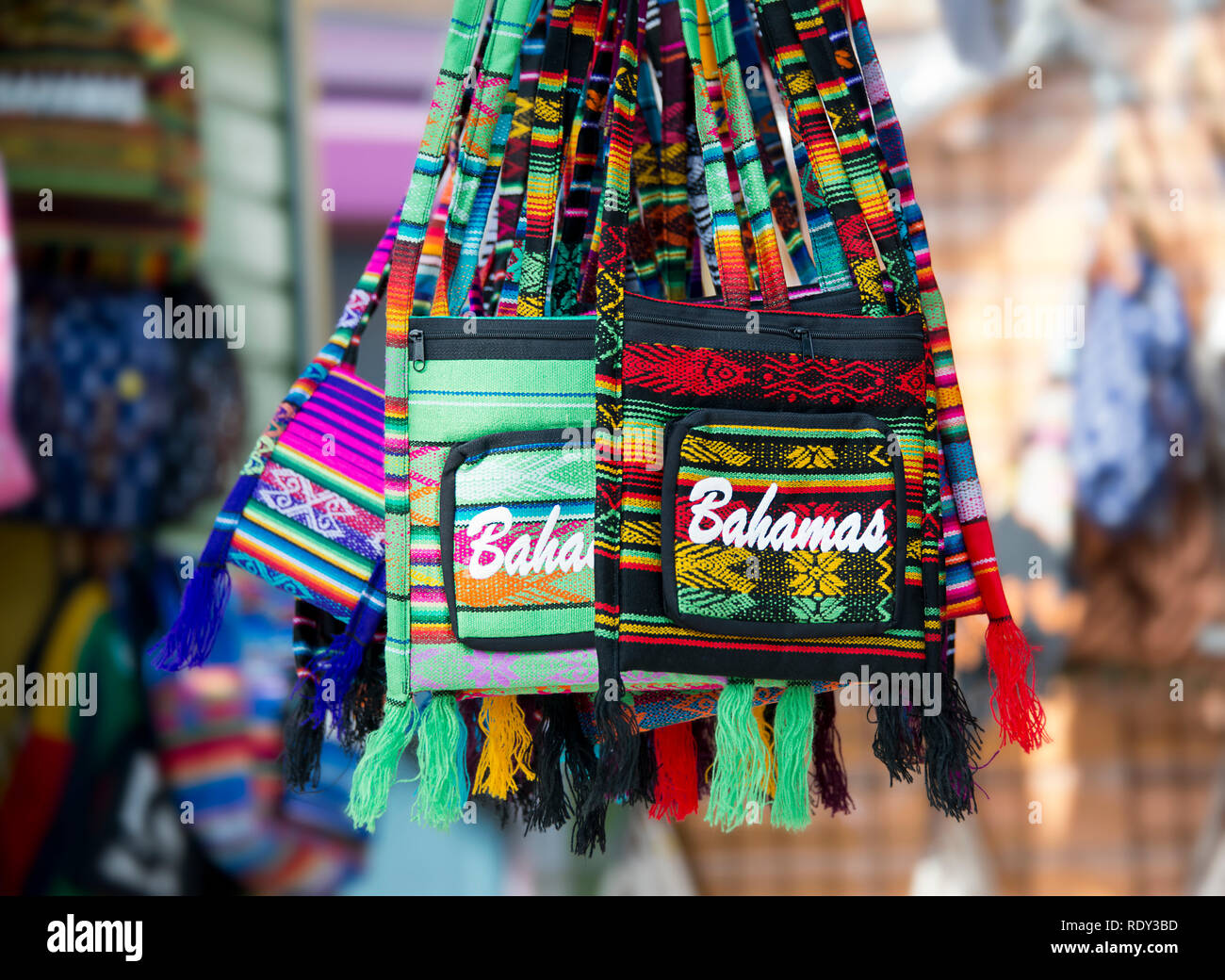 NASSAU, BAHAMAS January 7 ,2019. Bahamas souvenir colorful bags in