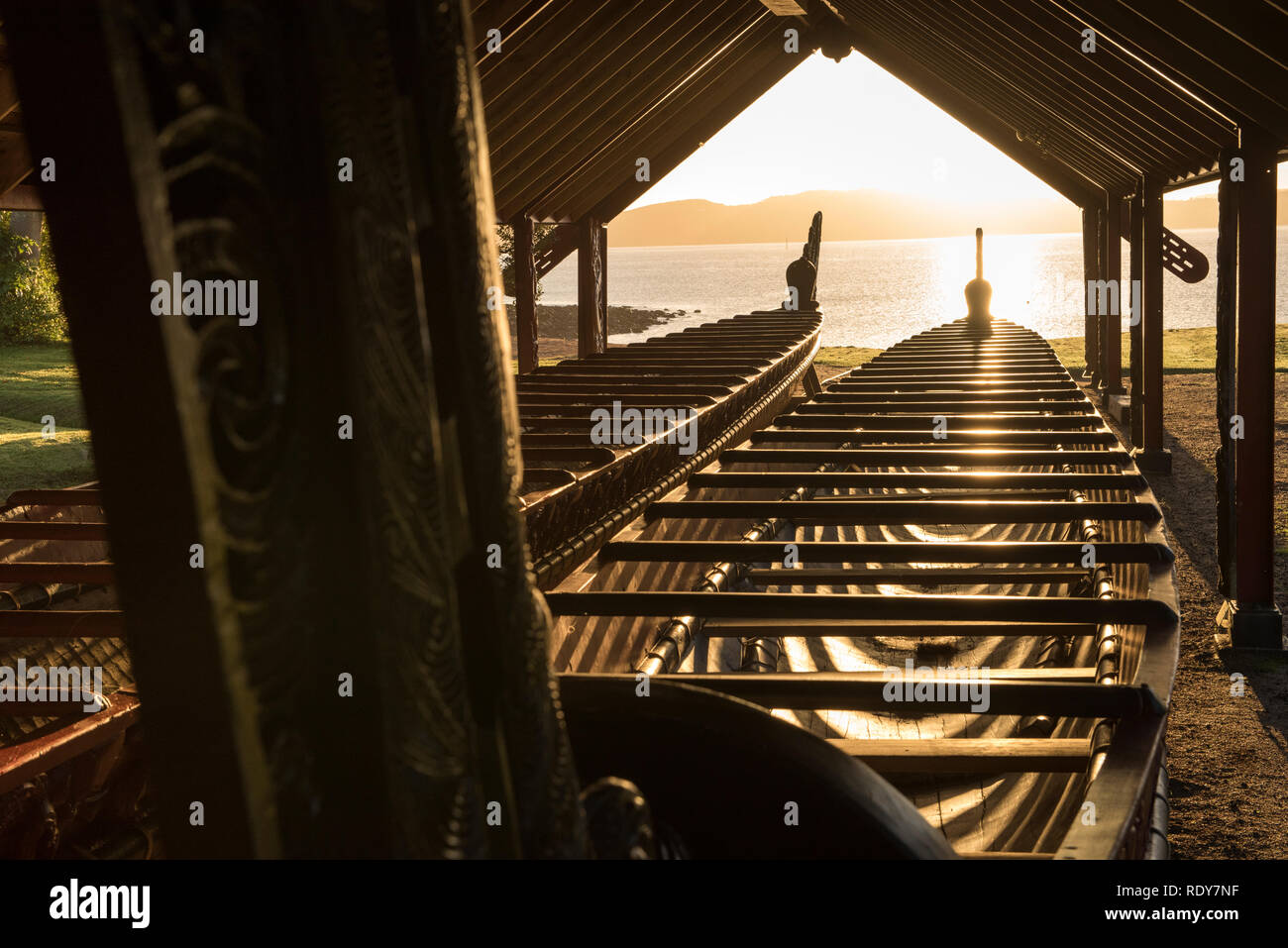 The waka (canoe) house holds several ceremonial war canoes (waka taua