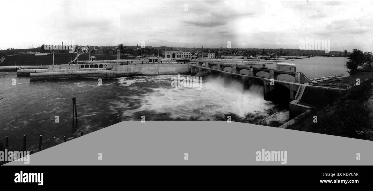 Asahel Curtis panorama of Lake Washington Ship Canal, Hiram M Chittenden Locks, Seattle (1917) (retouched). Stock Photo