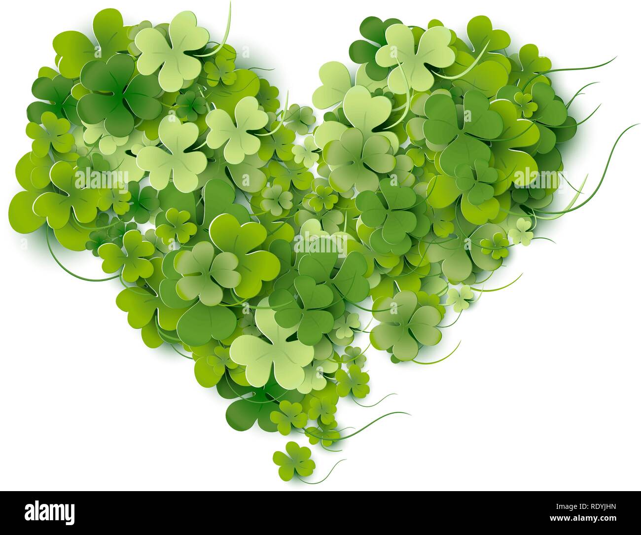 Heart shaped of bright green small shamrock leaves on white background Happy St. Patricks Day creative card. Vector illustration for wedding and greeting cards, for advertising. Stock Vector