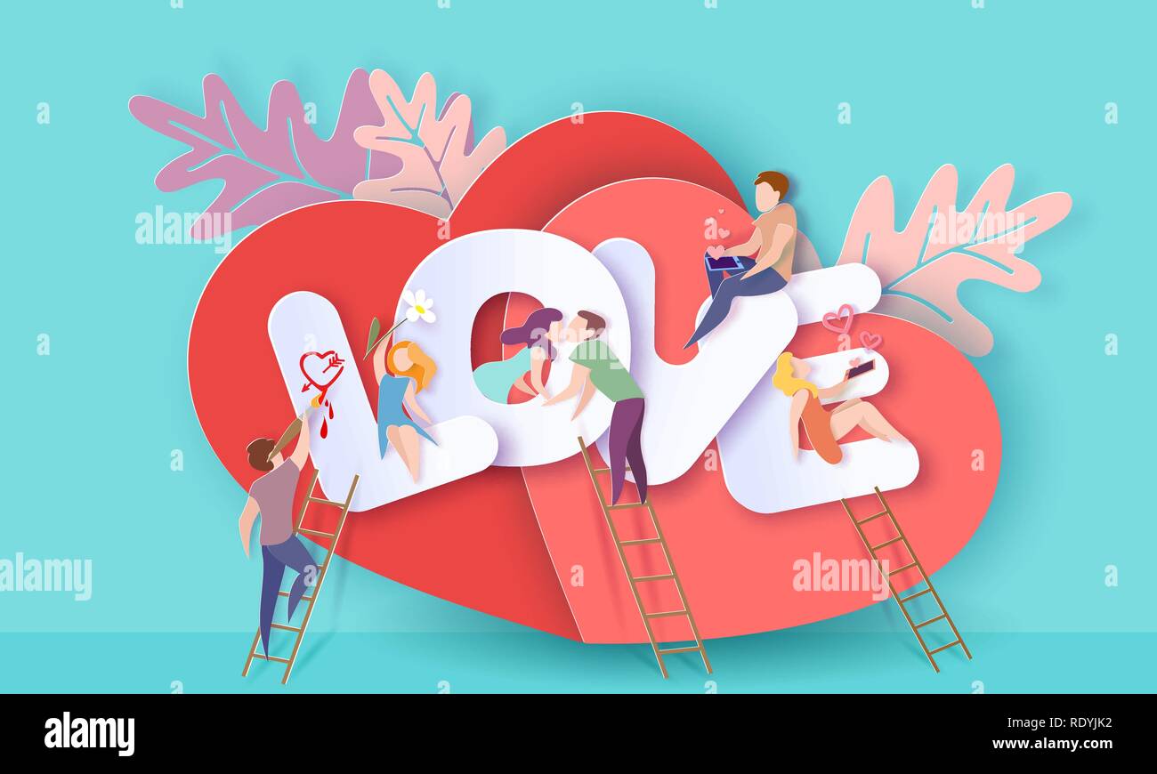 Valentines day card with couple sitting on big letters LOVE and sending red hearts with smartphones, kissing and painting with red heart background. Vector paper art illustration. Paper cut style. Stock Vector