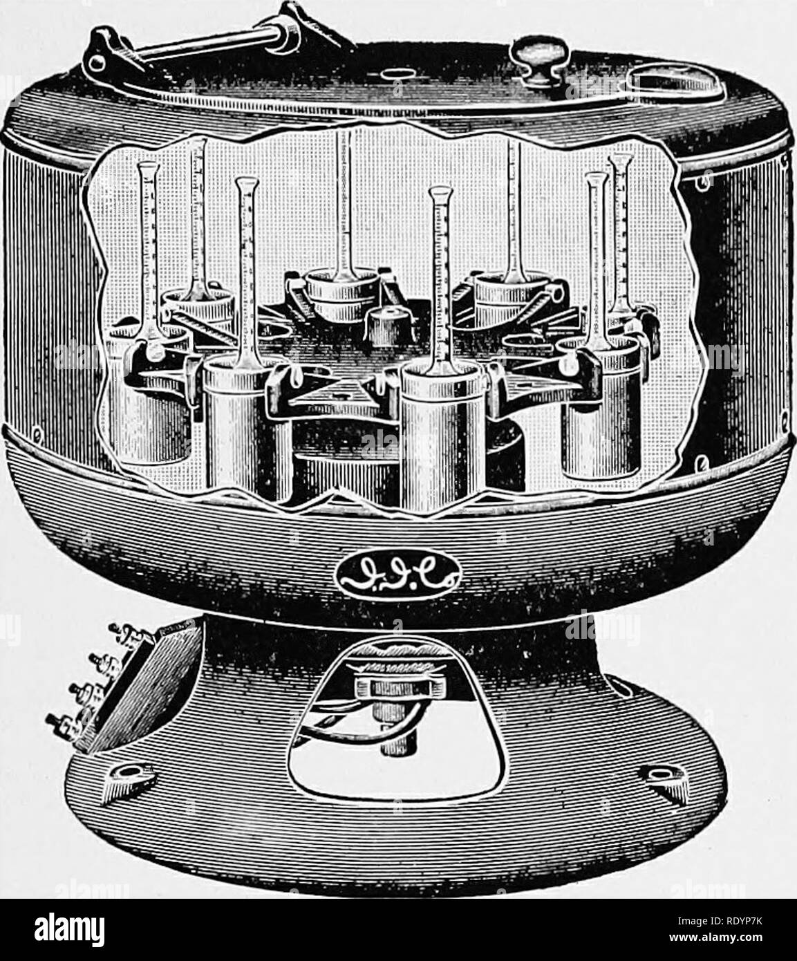. Milk. Milk. PHYSICAL AND CHEMICAL EXAMINATION OF MILK 163 the wheel. The smaller the diameter, the greater should be the number of revolutions per minute. The following figures give the. Fig. 56.â^Electric centrifuge for the Babcock test. (A. H. Thomas Co.) required number of revolutions per minute for centrifuges of differ- ent diameter (Farrington and Woll): Diameter of wheel. Number of revolutions required. 10 inches 1074 12 'â 980 14 &quot; 909 16 &quot; 848 18 &quot; 800 20 &quot; 759 22 &quot; 724 24 &quot; 693 When a hand centrifuge is used the speed can be judged by counting the numb Stock Photo