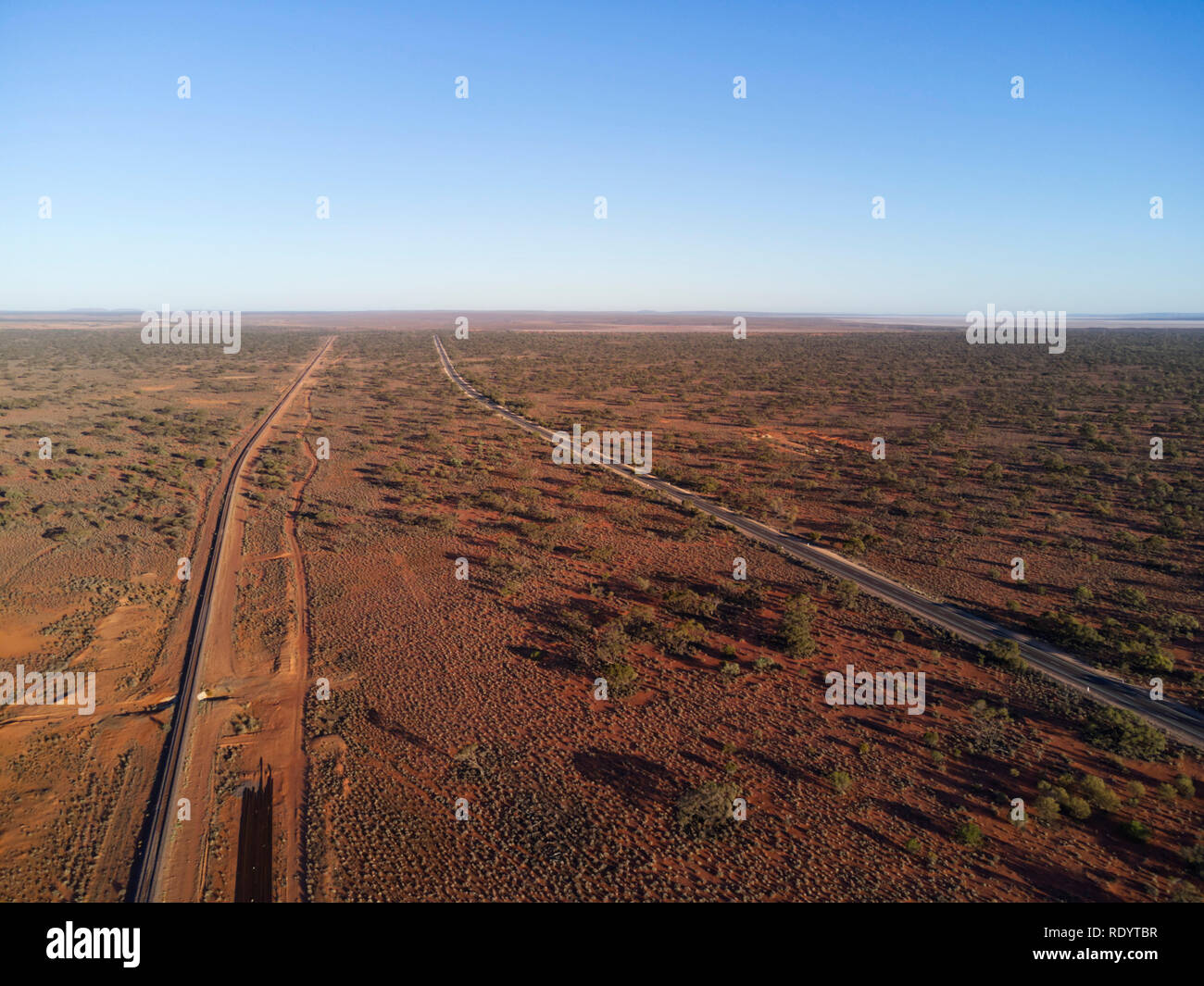 Aerial of the main railway line between Adelaide and Darwin Australia Stock Photo