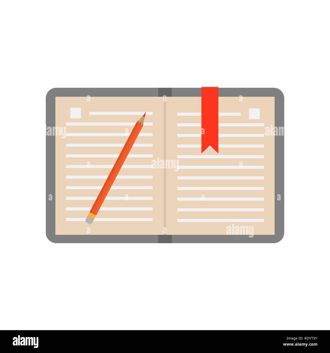 https://c8.alamy.com/comp/RDYTXY/open-notebook-for-writing-with-sheets-in-a-ruler-a-pencil-and-a-ribbon-tab-flat-image-RDYTXY.jpg
