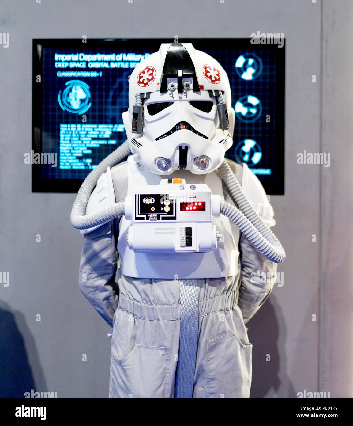 Birmingham, UK - March 17, 2018. A child cosplayer dressed in a small Storm Trooper costume from Star Wars movies at a comic con in Birmingham, UK Stock Photo