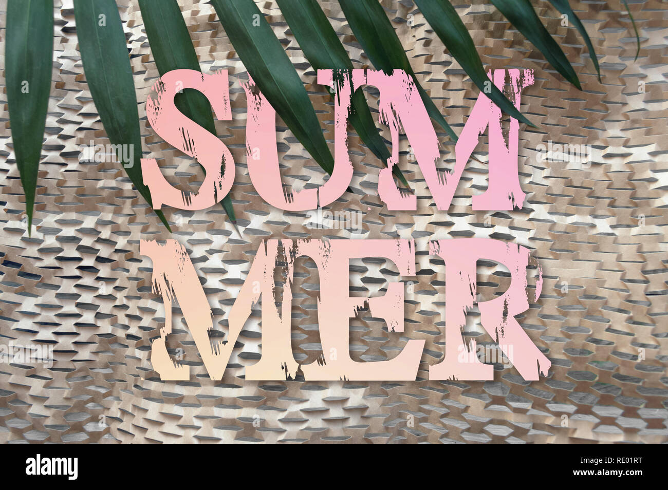 pastel summer text with palm leaf and textured paper net background Stock Photo
