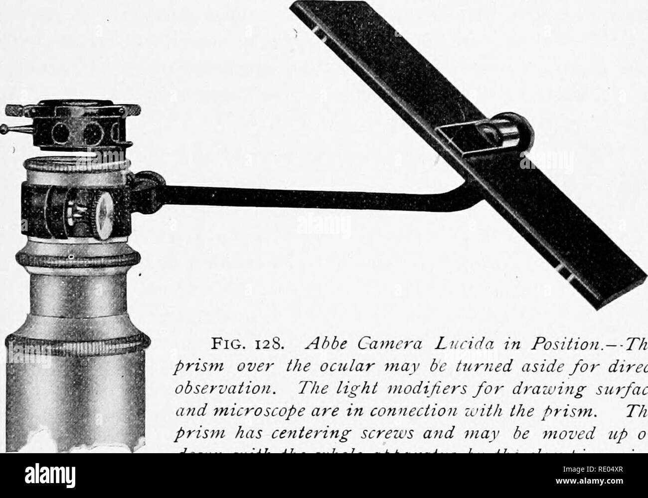 . The microscope : an introduction to microscopic methods and to histology. Microscopes. CH. ir DRAWING WITH THE MICROSCOPE 145 § 203. Arrangement of the Camera Lucida Prism.—In placing this camera lucida over the ocular for drawing or the deter- mination of magnification, the center of the hole in the silvered surface is placed in the optic axis of the microscope. This is done by properly arranging the centering screws that clamp the camera to the microscope tube or ocular. The perforation in the silvered surface must also be at the level of the eye-point. In other words the prism must be so Stock Photo
