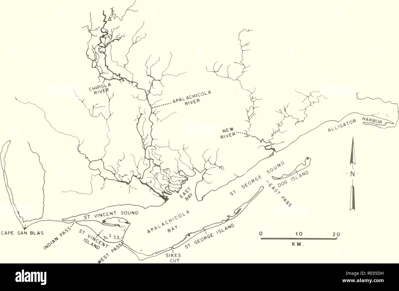 . The ecology of the Apalachicola Bay system : an estuarine profile. Estuarine ecology -- Florida Apalachicola Bay; Estuarine area conservation -- Florida. P;65 m3 sec-l (23,'^00 ft^ sec'l) measured at Blountstown, Florida. Maximum and minimum discharqes over the pa&lt;;t 1? years are 4,600 m^ sec&quot;! (162,^^00 cfs) and 178 m^ sec&quot;l (6,280 cfs), respectively. The river and, secondarily, local rainfall determine the distribution o^&quot; salinity in the estuary. The placement of the barrier islands also has a maior influence on the salinity reqime of the estuary (Livinqston 1^79, iq84a) Stock Photo