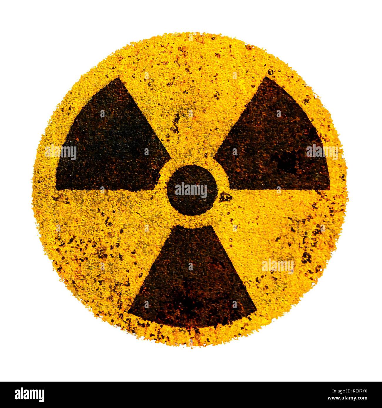 Round yellow and black radioactive (ionizing radiation) nuclear alert danger symbol on rusty metal grungy texture and isolated on white square format  Stock Photo