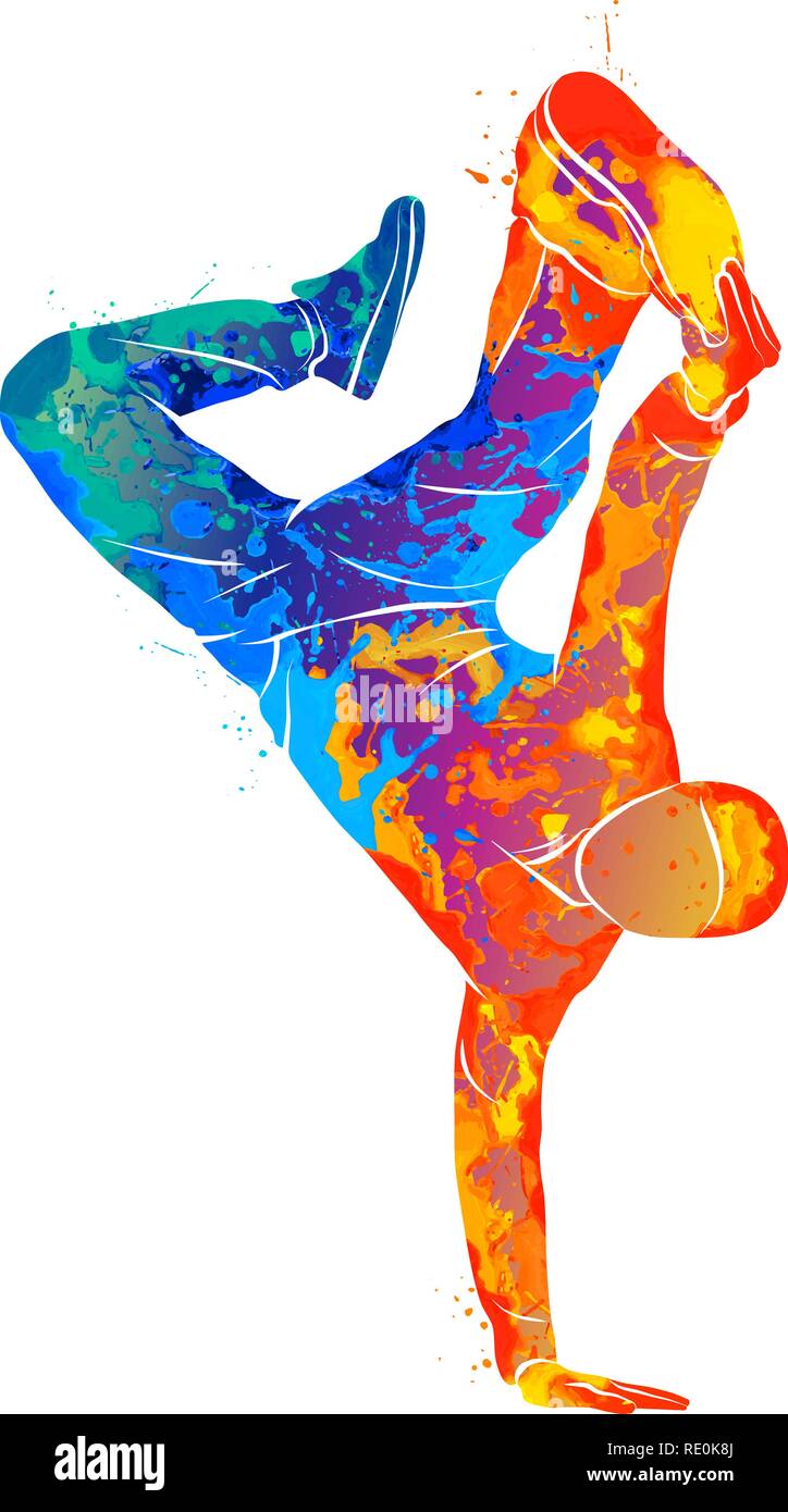 Abstract young man break dancing from splash of watercolors Stock