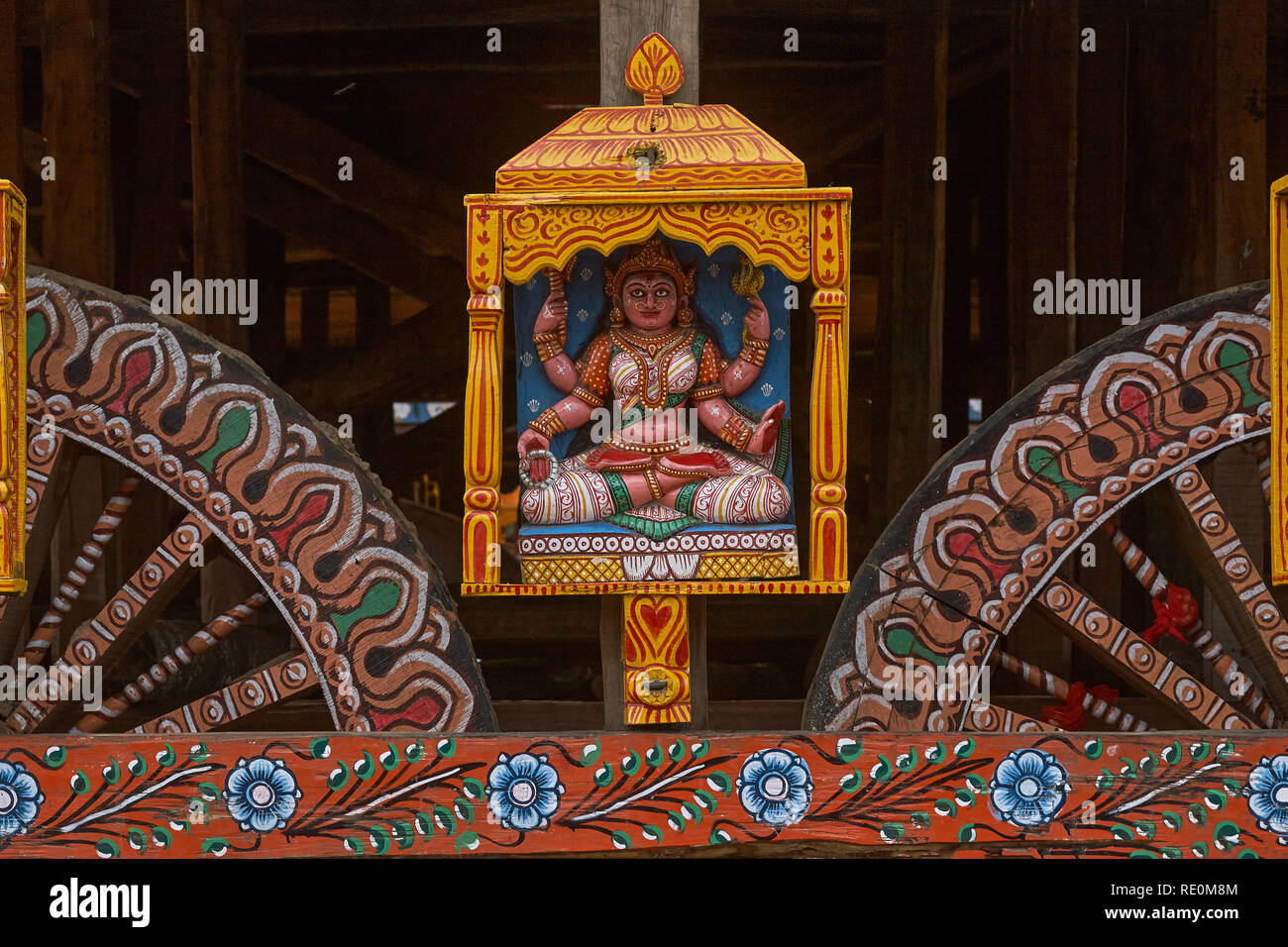 24-jun-2007 goddess’s statue at wheel of chariot rath yatra of jagannath ; Puri ; Orissa ; India Stock Photo