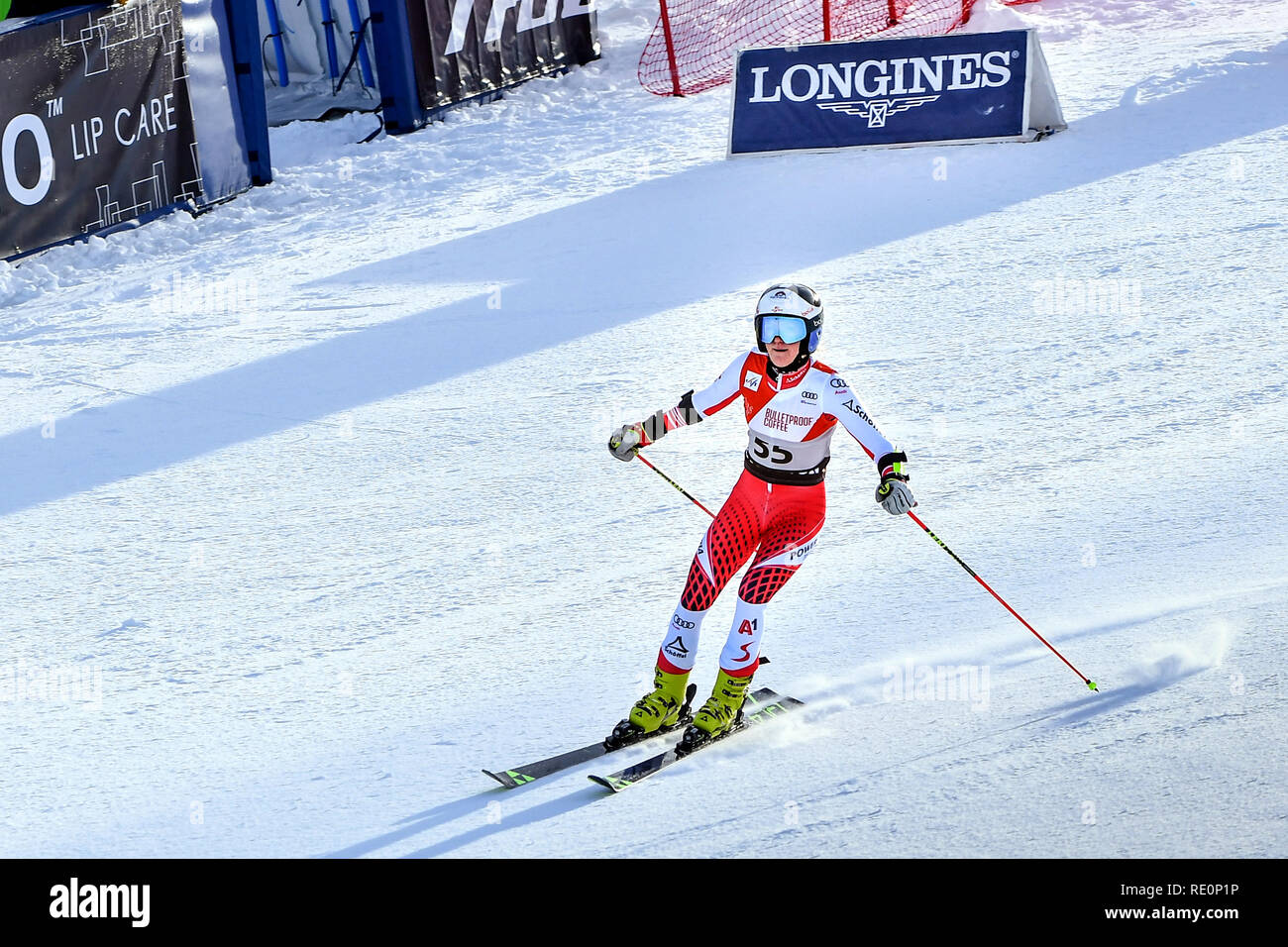 KILLINGTON, VT - NOVEMBER 24: Katharina Truppe of Austria in the finish area after the second run of the giant slalom at the Audi FIS Ski World Cup. Stock Photo
