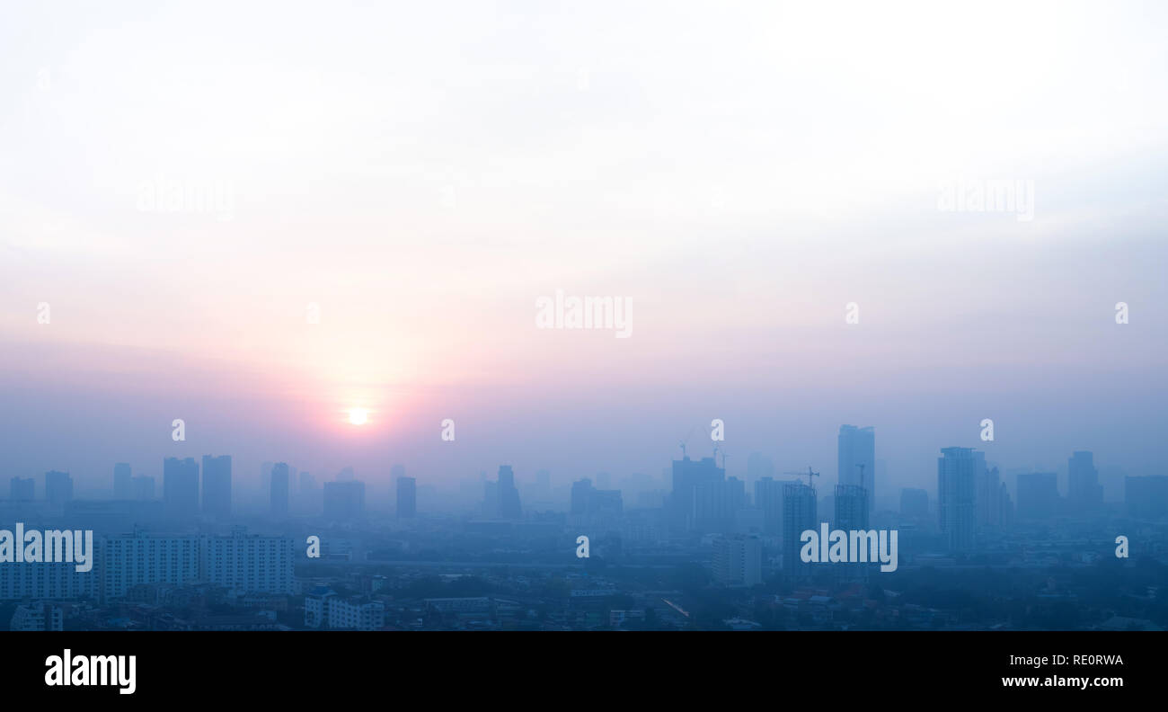 Pollution concepts with smog on city landscape in morning. health care ...