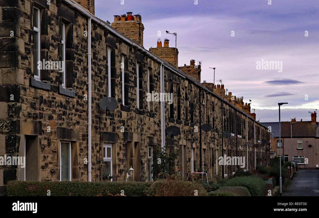 Northumbria terraced housing with small front gardens in Amble, Amble