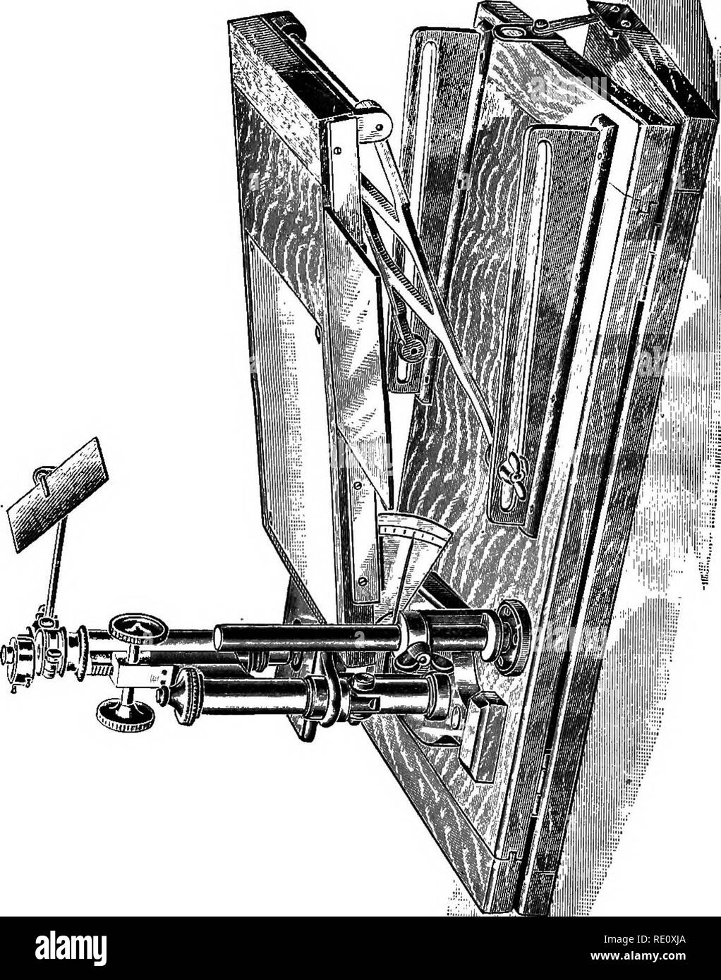 . Plant anatomy from the standpoint of the development and functions of the tissues, and handbook of micro-technic. Plant anatomy. DRAWING TO SCALE FROM MICROSCOPE 2«I pencil can be seen distinctly enough but the outline of the object becomes tdo dim. In the camera lucida of Fig. 151 there are two revolving diaphragms with handles at K, with a series of. Fig. 152.—Convenient drawing board for use with camera lucida. openings, all but one of which in each series are covered with a graduated series of different intensities of smoked glass. With this provision one can decrease the light entering  Stock Photo