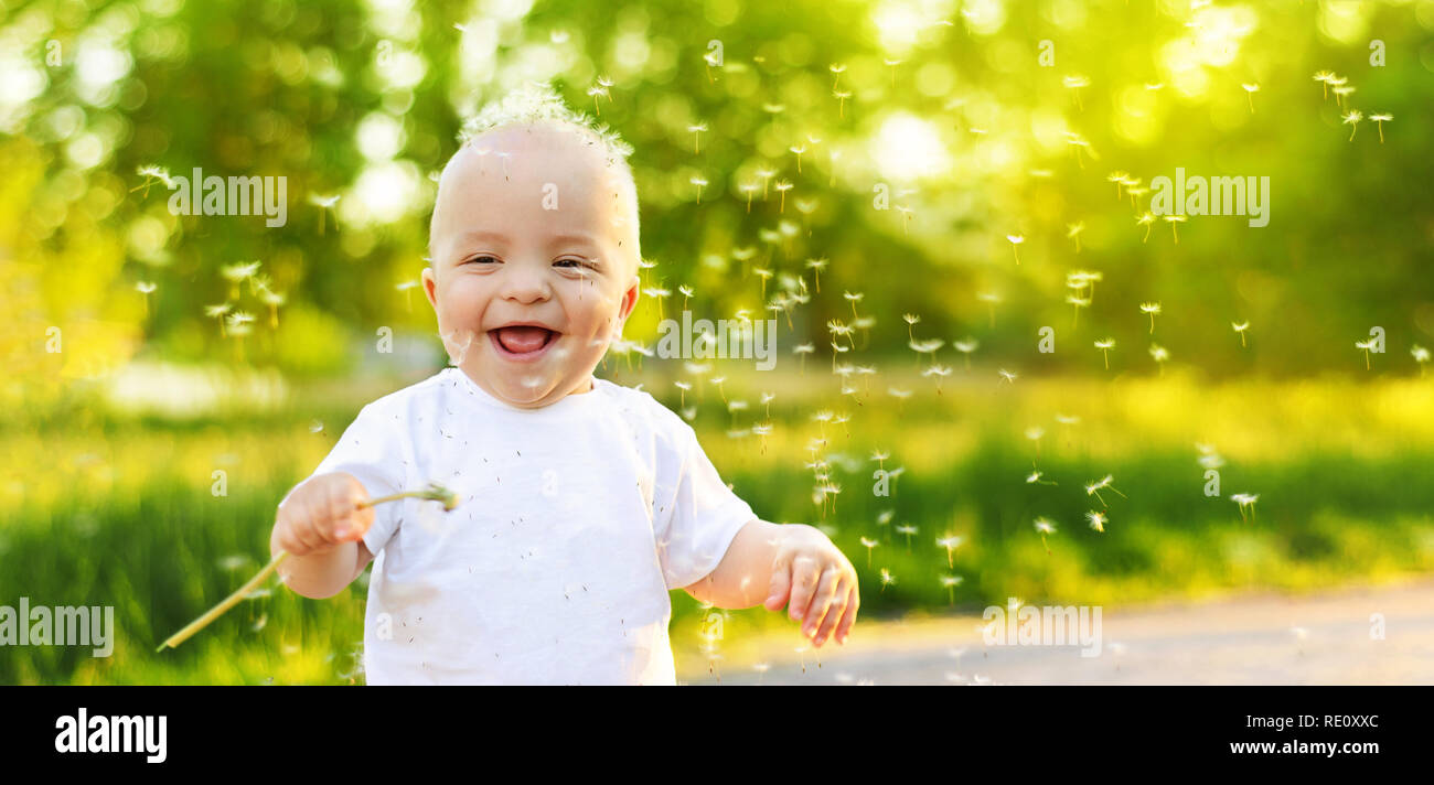 Funny child laughing. Portrait smiling happy baby boy playing spring, summer day,outdoors. Emotion face kid,Close up. Dandelion seeds blowing in wind across natural background park, banner,copy space Stock Photo