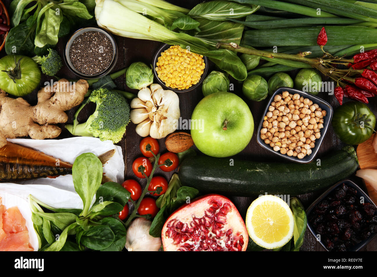 Clean Fresh Food Healthy food clean eating selection. fruit, vegetable, seeds, superfood ...