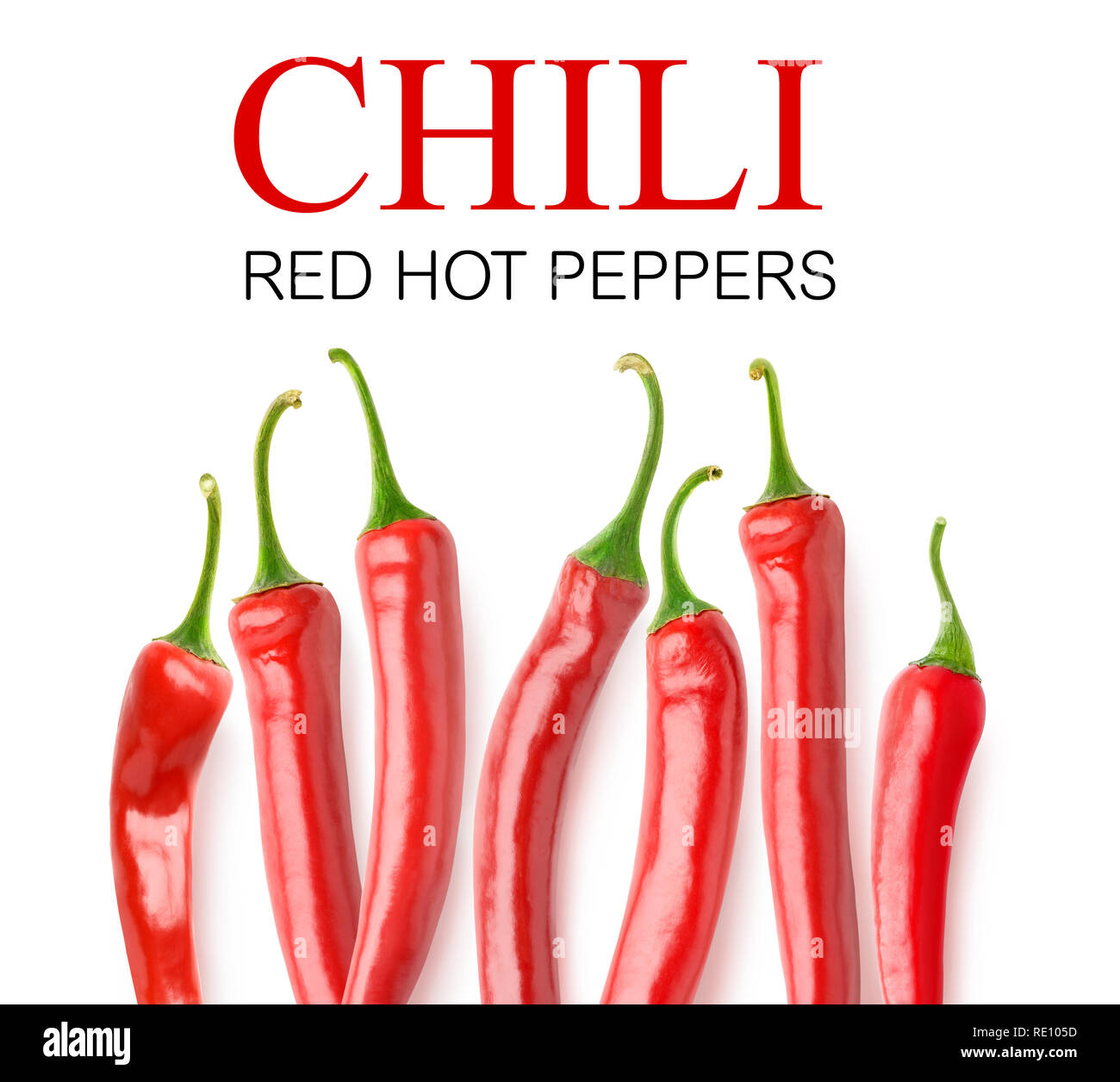 Isolated peppers. Fresh red hot chili peppers in a row with copy space