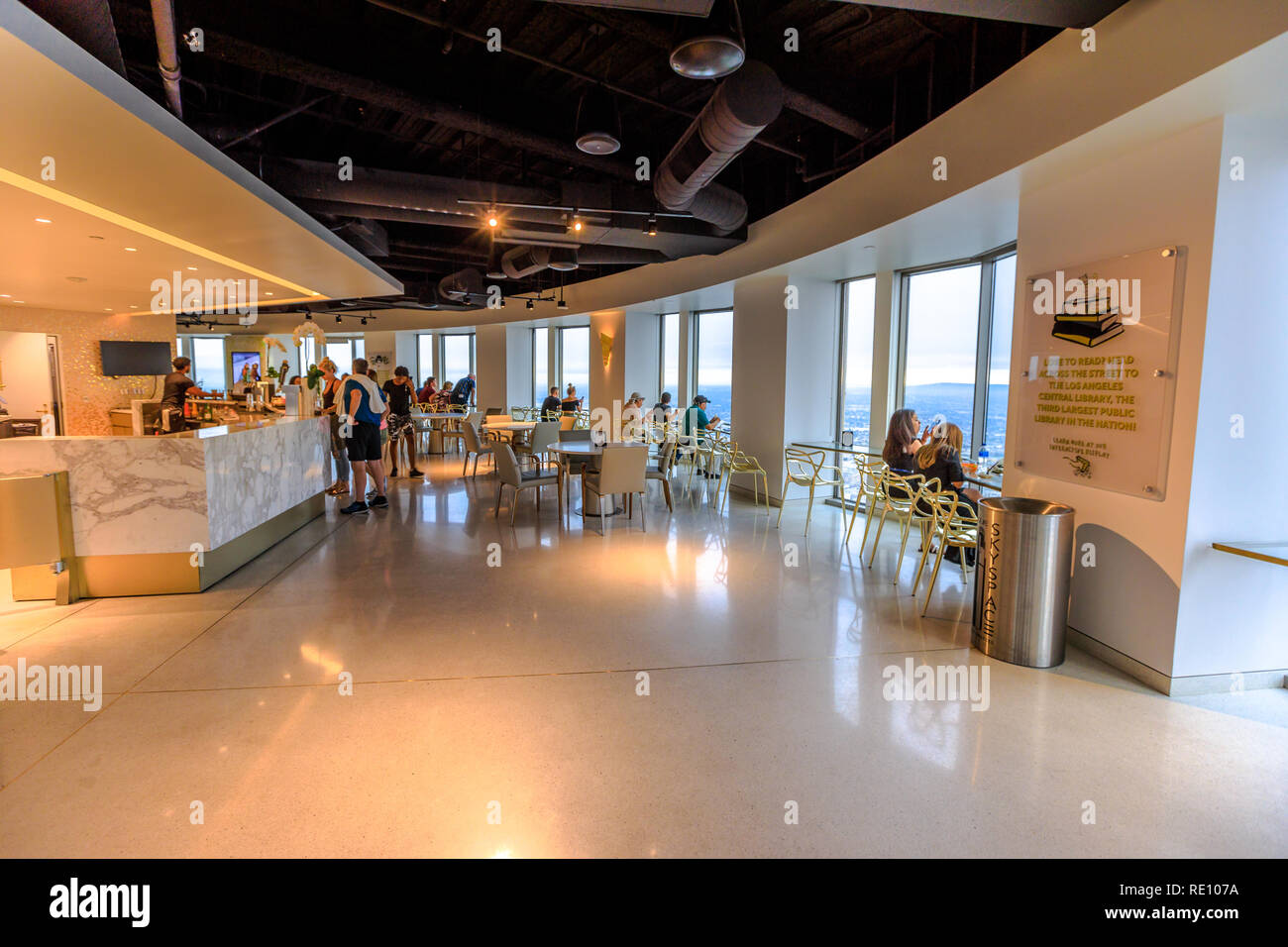 Los Angeles, California, United States - August 9, 2018: people inside Oue Skyspace U.S. Bank Tower with panoramic terrace over Downtown LA, Southern California on the 70th floor. Stock Photo