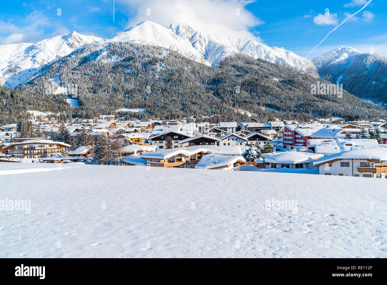 SEEFELD, AUSTRIA - JANUARY 12, 2019: Seefeld in Tirol located about 17 km from Innsbruck is one of  the most popular tourist resorts in Austria well k Stock Photo