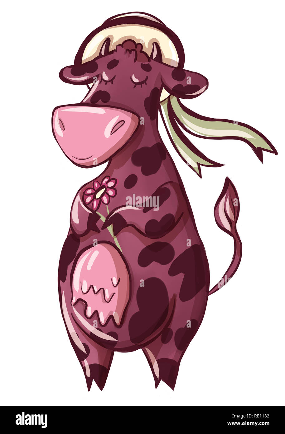 red brown Dairy Cow in a hat with a Flower in his hands. cartoon illustration Stock Photo