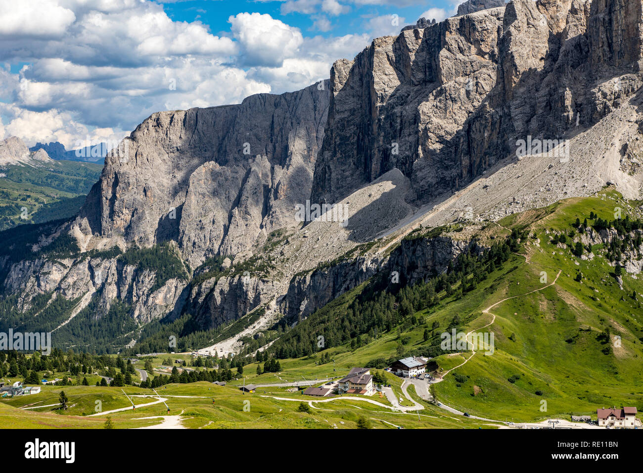 South Tyrol, Trentino, Italy, mountain panorama at the Gardena Pass, mountain pass in the South Tyrolean Dolomites, Stock Photo