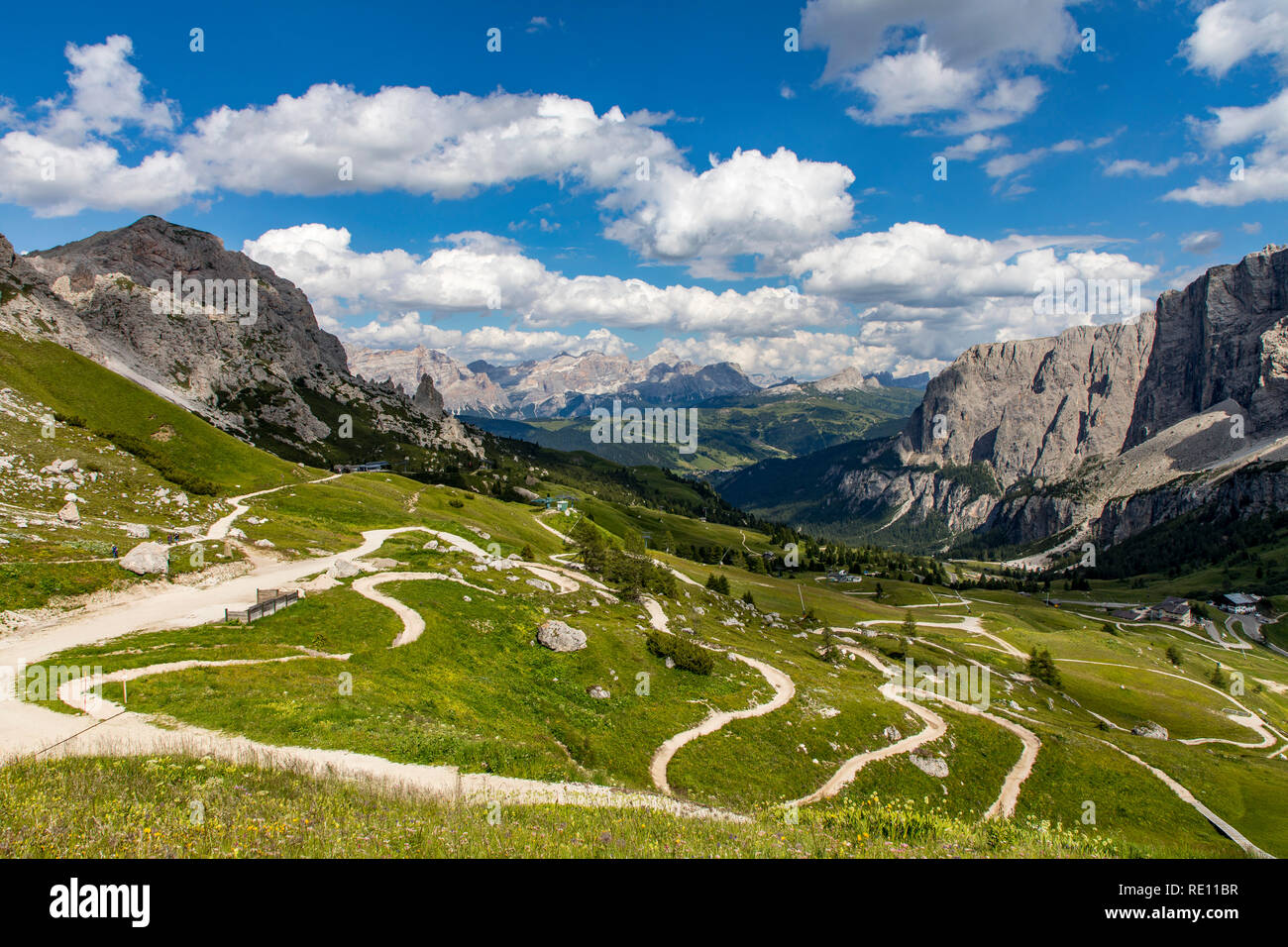South Tyrol, Trentino, Italy, mountain panorama at the Gardena Pass, mountain pass in the South Tyrolean Dolomites, Stock Photo