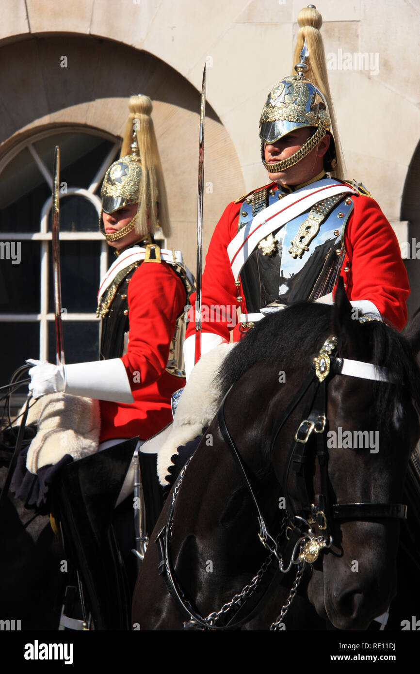 Royal Horse Guards on their horses during the Changing of the Guard in front of the Horse Guards