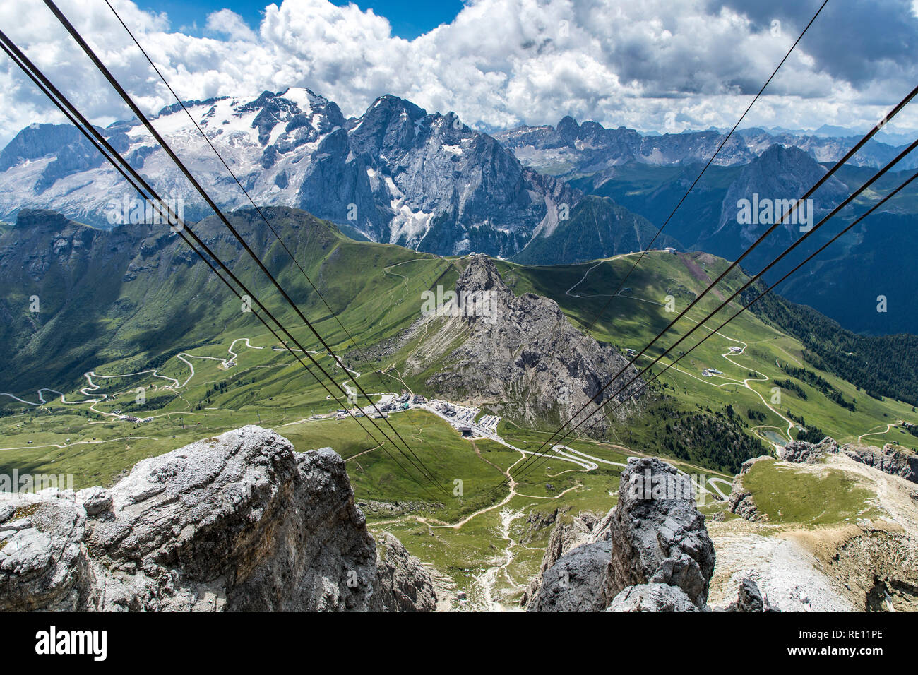 Veneto, mountain landscape on the Pordoi Pass, Dolomites, Italy, pass at 2239 meters altitude, ride on the mountain railway to Sass Pordoi, 2950 meter Stock Photo