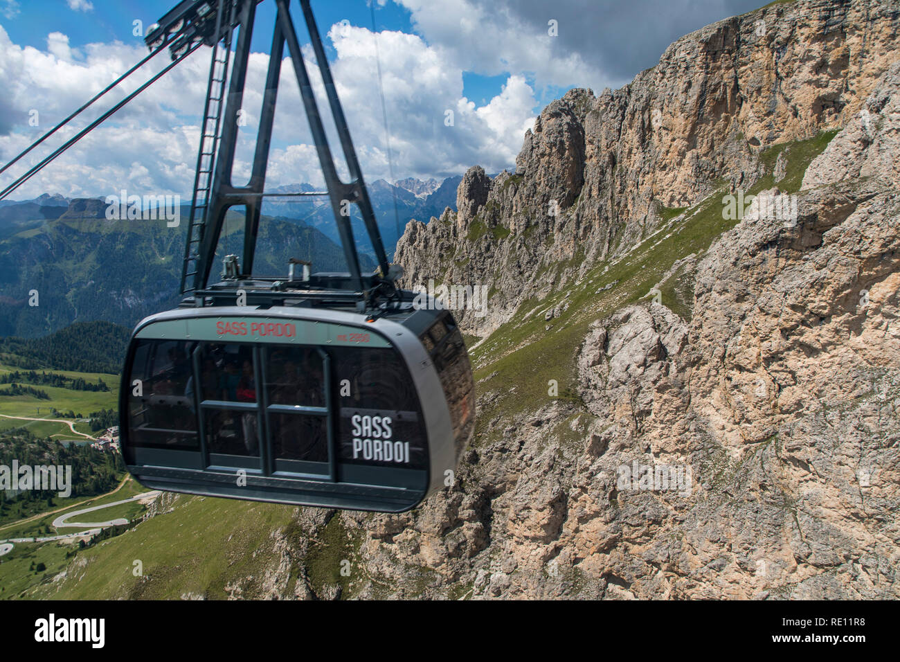 Veneto, mountain landscape on the Pordoi Pass, Dolomites, Italy, pass at 2239 meters altitude, ride on the mountain railway to Sass Pordoi, 2950 meter Stock Photo