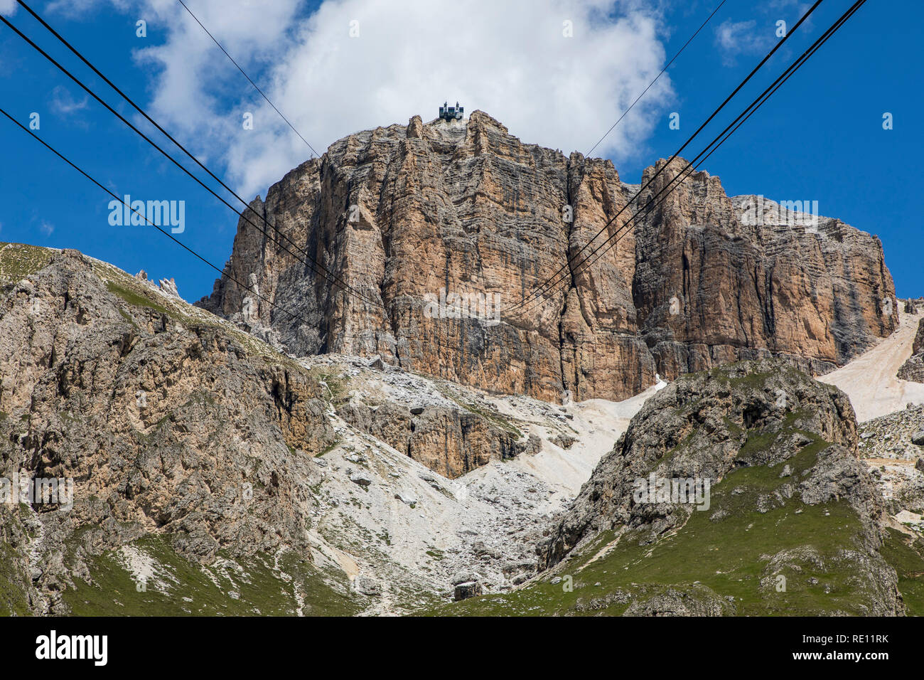 Veneto, mountain landscape on the Pordoi Pass, Dolomites, Italy, pass at 2239 meters altitude, ride on the mountain railway to Sass Pordoi, 2950 meter Stock Photo