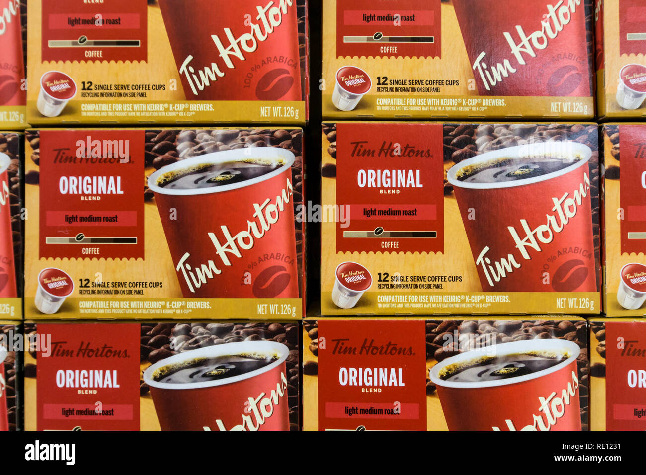 Packs of Tim Horton's coffee for sale in a Canadian supermarket. Stock Photo