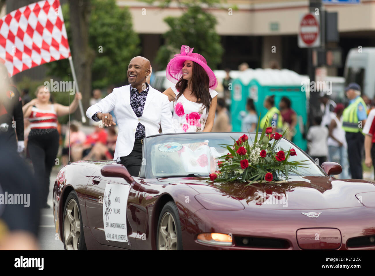 Louisville, Kentucky, USA - May 03, 2018: The Pegasus Parade, Montel Williams TV show host, riding on a car going down W Broadway Stock Photo