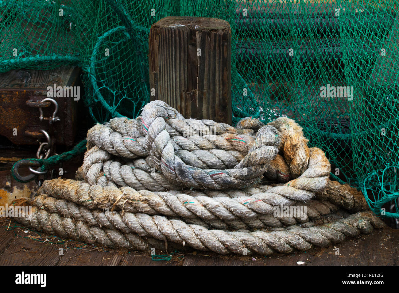 Rope and Fishing Nets on the Docks,  Marina in Corpus Christi, Texas Stock Photo